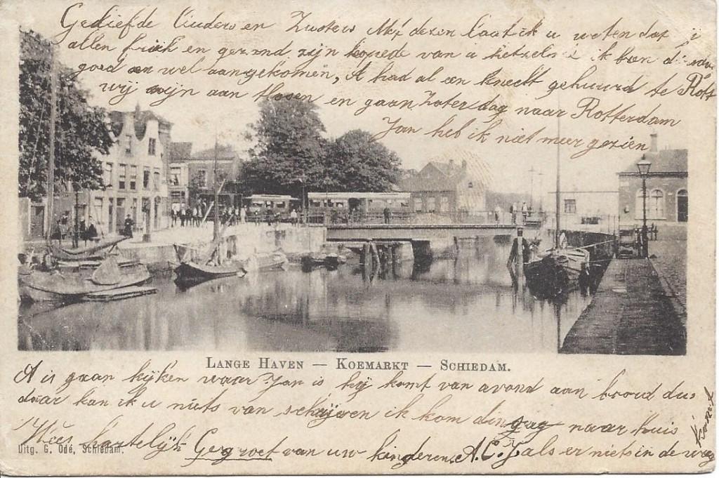 Schiedam, Lange Haven - Koemarkt, Tram, Volk, gelopen 1903, Ophalen of Verzenden, Voor 1920, Gelopen, Zuid-Holland