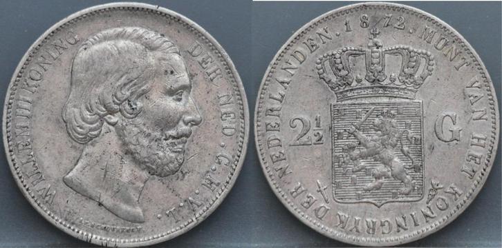 Zilveren rijksdaalder 1872 - 2 1/2 gulden 1872 Willem 3, Postzegels en Munten, Munten | Nederland, Losse munt, Euro's, Koning Willem III