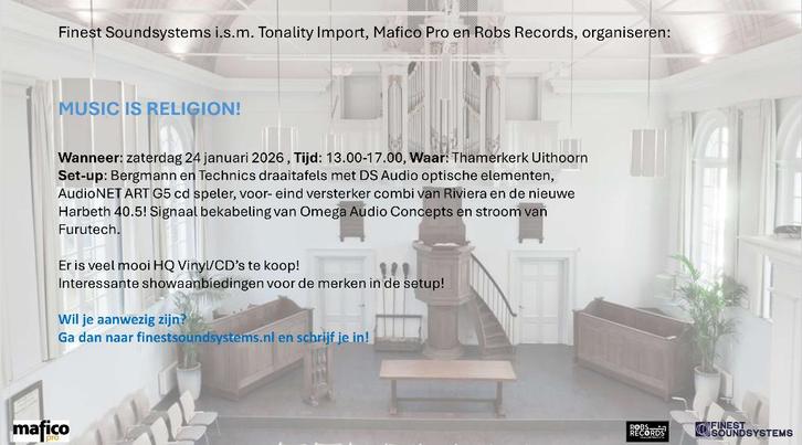 GRATIS! Music Is Religion, High End luistersessie + Vinyl!, Audio, Tv en Foto, Versterkers en Receivers, Nieuw, Stereo, 120 watt of meer