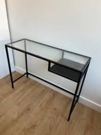 Consoletafel van zwart staal en glas, Huis en Inrichting, Tafels | Sidetables, Ophalen, 50 tot 100 cm, Zo goed als nieuw, Glas