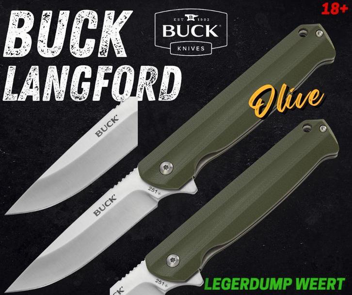 Buck Langford Olive – Slank EDC Zakmes – G10 materiaal, Verzamelen, Militaria | Algemeen, Landmacht, Mes of Dolk, Overige gebieden