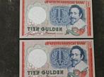 2x 10 Gulden 1953 Hugo de Groot UNC nummers opvolgend, Setje, Ophalen of Verzenden, 10 gulden