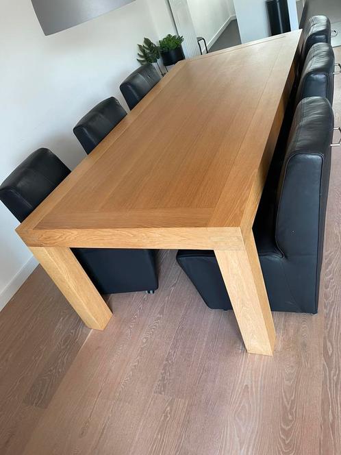 Eet tafel  blank eiken hout met bijpassende leren stoelen, Huis en Inrichting, Tafels | Eettafels, Gebruikt, 50 tot 100 cm, 200 cm of meer