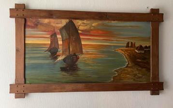 Mid-Century Oil Painting Nautical Scene Handmade Frame beschikbaar voor biedingen