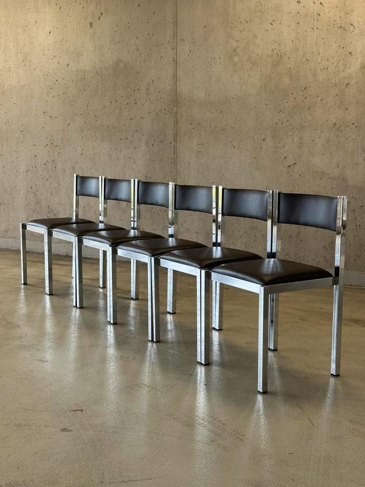 Set/6 Vintage Italian Design eetkamer stoelen Milo Baughman, Huis en Inrichting, Stoelen, Zo goed als nieuw, Kunststof, Metaal