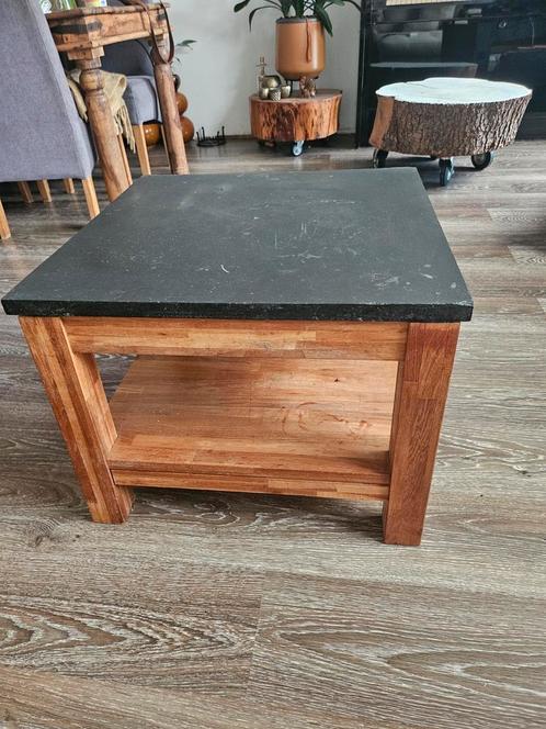 2 Teak Bijzettafels met Stenen Blad, Huis en Inrichting, Tafels | Salontafels, Gebruikt, Minder dan 50 cm, 50 tot 100 cm, 50 tot 100 cm