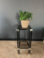 Vintage glazen metaal plantenstandaard bijzet tafel antiek, Ophalen, Minder dan 55 cm, 60 cm of meer, Rechthoekig