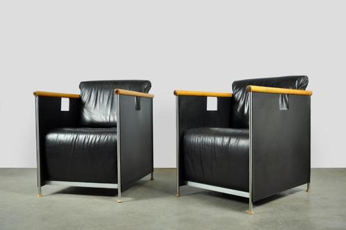 CASTELIJN / post modern vintage easy fauteuils de box / 80s, Huis en Inrichting, Fauteuils, Gebruikt, Hout, Leer, Metaal, 50 tot 75 cm