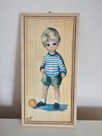 Vintage prentje schilderijtje jongen met bal Audrey, Ophalen of Verzenden