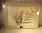 Mooi geschilderd Aquarel 'Bloemen bij Trap' - Erica Oort, Antiek en Kunst, Ophalen of Verzenden