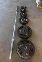 117,5kg Rubberen Olympische Gewichten + Olympische Barbell, Sport en Fitness, Fitnessmaterialen, Ophalen, Gebruikt, Overige typen