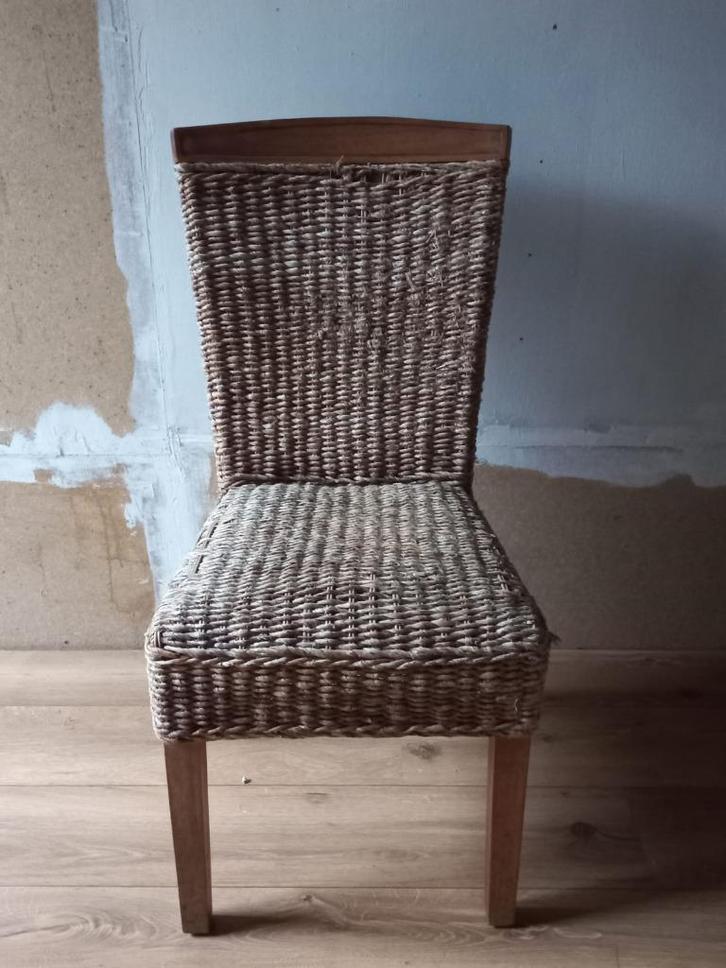 Teakhouten banaanblad eetkamer stoelen T.E.A.B., Huis en Inrichting, Stoelen, Gebruikt, Vier, Hout, Riet of Rotan, Bruin, Ophalen