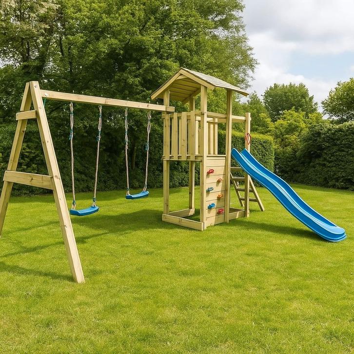 Nieuw speelhuis met schommels glijbaan klimwand en traplader, Kinderen en Baby's, Speelgoed | Buiten | Speeltoestellen, Zo goed als nieuw