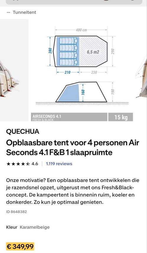 Quechua Air Seconds 4.1 F&B - 4 persoons opblaastent, Caravans en Kamperen, Tenten, tot en met 4, Zo goed als nieuw, Ophalen