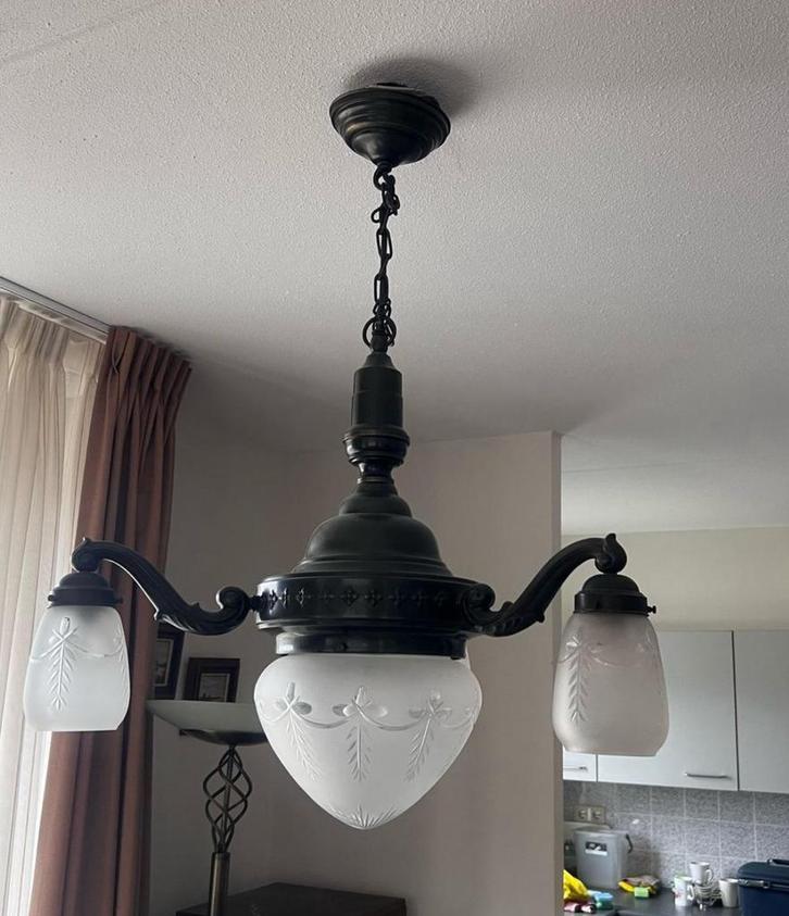 Drie armige hanglamp jaren 20 -  30, Antiek en Kunst, Antiek | Lampen, Ophalen