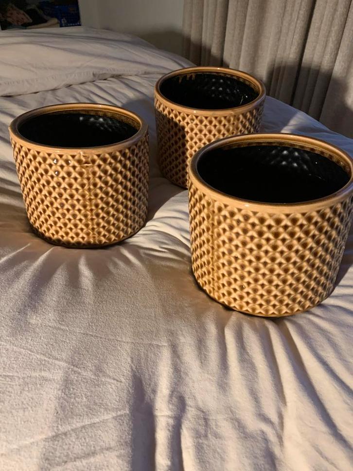 Retro Bruine Bloempotten - Set van 3, Tuin en Terras, Bloempotten, Gebruikt, Aardewerk, Binnen, Minder dan 40 cm, Minder dan 25 cm