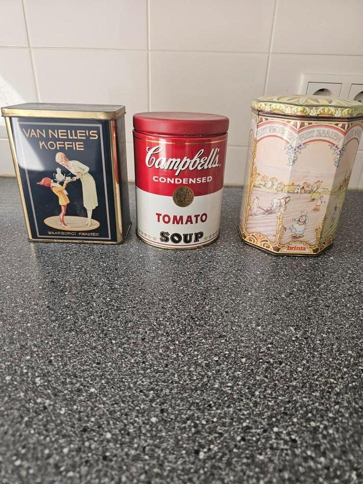 Vintage Blikken Set: Van Nelle, Campbell's, Brinta, Antiek en Kunst, Antiek | Keukenbenodigdheden, Ophalen of Verzenden