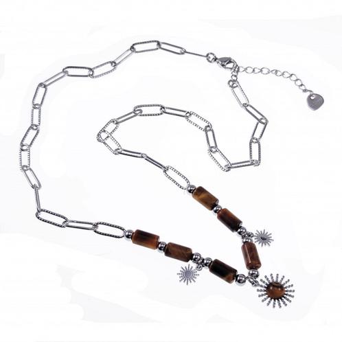 Paperclip Ketting + Tijgeroog Dames Stalen Zilverkleur, Sieraden, Tassen en Uiterlijk, Kettingen, Nieuw, Overige materialen, Zilver