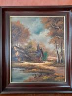Schilderij verf op doek kapel met schuur in het bos, Ophalen of Verzenden