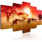 220 Afrika Giraffe Olifant 5 Luik Canvas Schilderij 200x100, Ophalen of Verzenden