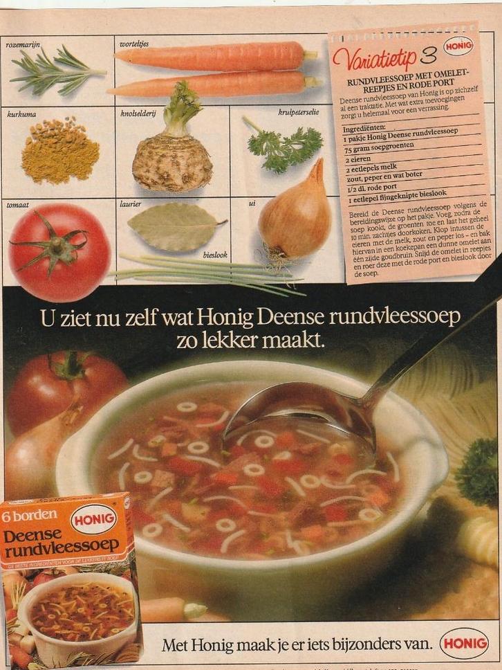 Retro reclame 1988 Honig Deense rundvleessoep met omelet, Verzamelen, Retro, Overige typen, Verzenden
