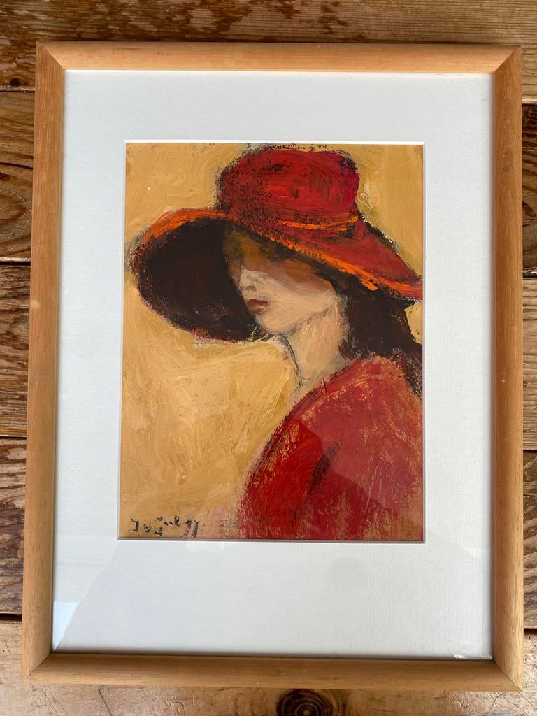 Jules van Gool - Rode Hoed, Acryl op Papier, Antiek en Kunst, Kunst | Schilderijen | Klassiek, Ophalen