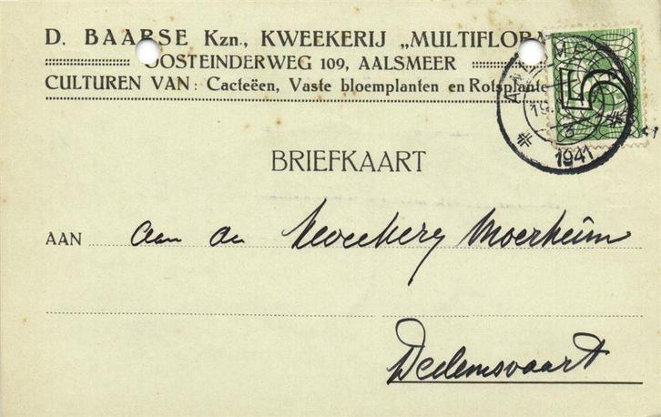 D. Baarse Kzn., Aalsmeer - 04.1941 - briefkaart, Postzegels en Munten, Brieven en Enveloppen | Nederland, Briefkaart, Ophalen of Verzenden