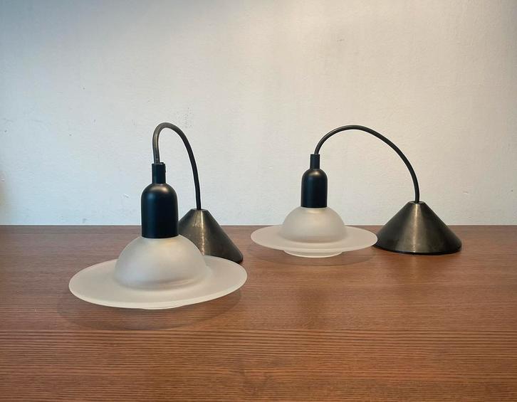 2 Vintage Massive Belgie ufo lampen voor, Huis en Inrichting, Lampen | Hanglampen, Zo goed als nieuw, Minder dan 50 cm, Glas, Ophalen of Verzenden