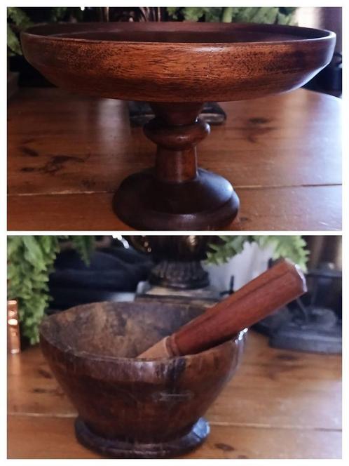 Houten vijzel met stamper India oosters en etagere teak hout, Antiek en Kunst, Curiosa en Brocante, Ophalen of Verzenden