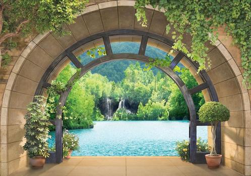3D behang Doorkijk Bosmeer en waterval, Fotobehang4you, Huis en Inrichting, Stoffering | Behang, minder dan 10 m², Verzenden