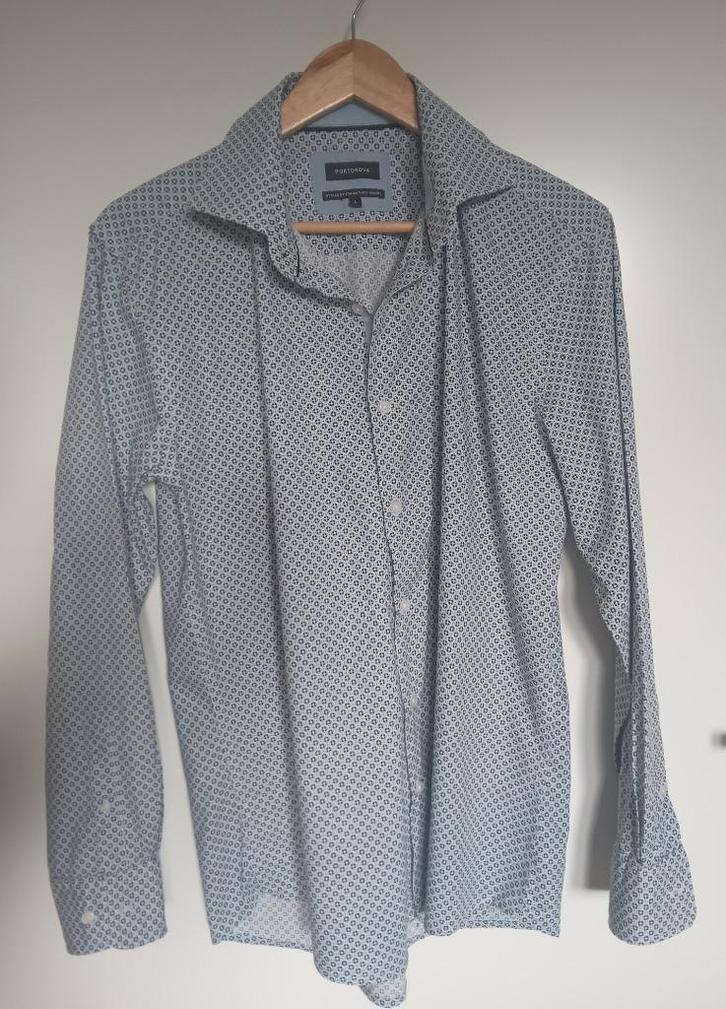 Portnova overhemd met blauwe print, maat L, Kleding | Heren, Overhemden, Zo goed als nieuw, Halswijdte 41/42 (L), Blauw, Verzenden