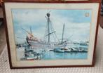 Oude Schilderij: Historisch Zeilschip in Haven, Antiek en Kunst, Kunst | Schilderijen | Klassiek, Ophalen of Verzenden