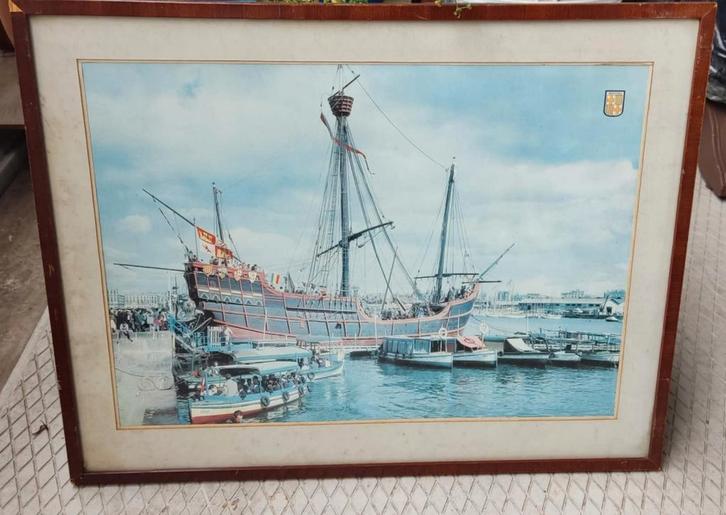 Oude Schilderij: Historisch Zeilschip in Haven, Antiek en Kunst, Kunst | Schilderijen | Klassiek, Ophalen of Verzenden