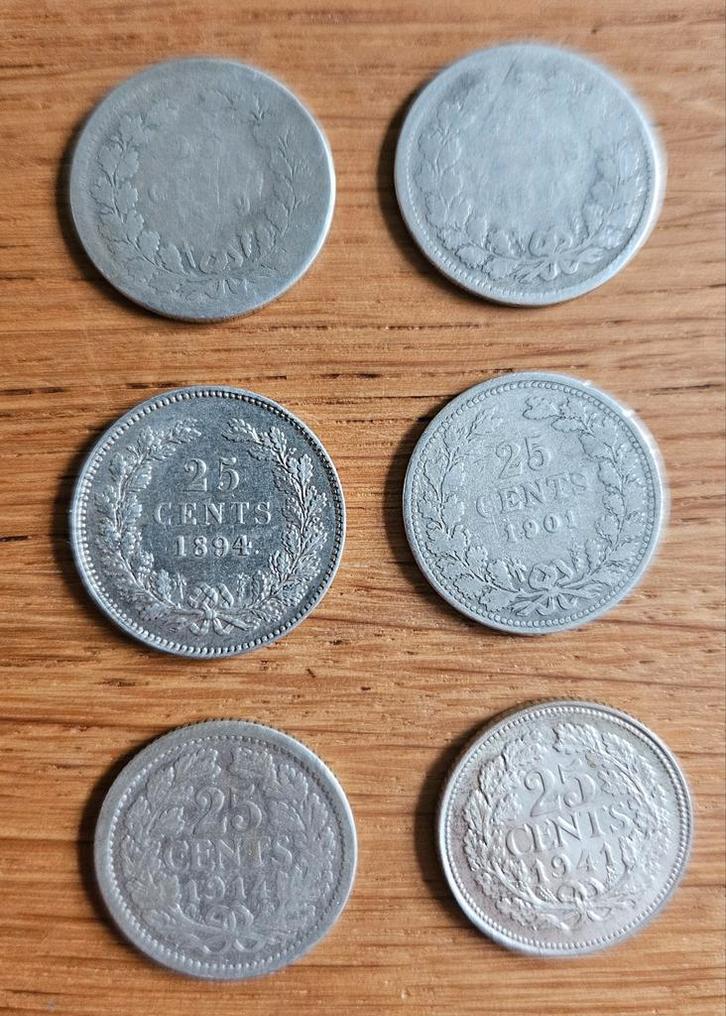 6x 25 cent (gulden) uit 1849, 1890, 1894, 1901, 1914 en 1941, Postzegels en Munten, Munten | Nederland, Losse munt, Koning Willem II