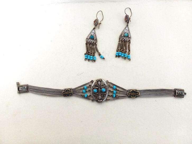 vintage armband, oorbellen zilver, niëllo, turquoise sixties, Sieraden, Tassen en Uiterlijk, Antieke sieraden, Armband, Zilver