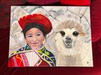 Schilderij alpaca met Peruaanse vrouw in klederdracht, Antiek en Kunst, Kunst | Schilderijen | Modern, Ophalen of Verzenden