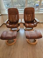 Stressless Ekornes lederen relaxfauteuils met voetbanken, Huis en Inrichting, Fauteuils, Ophalen, Gebruikt, Minder dan 75 cm, Leer
