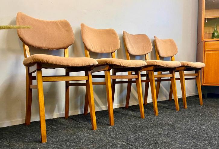 Vintage design stoelen Deens retro teak jaren 60/70 chairs, Huis en Inrichting, Stoelen, Gebruikt, Vier, Stof, Bruin, Ophalen
