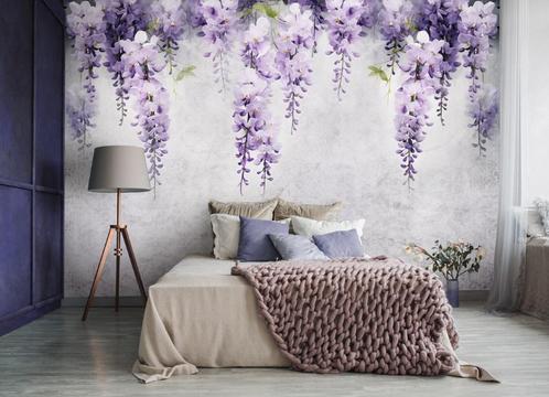 Fotobehang / Behang - Bloemen - Blauwe Regen op Beton, Huis en Inrichting, Stoffering | Behang, Paars, minder dan 10 m², Verzenden