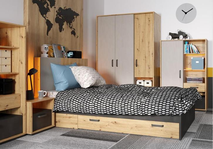 Qubic twijfelaar met opberglade - 120x200 - Artisan eiken/gr, Kinderen en Baby's, Kinderkamer | Bedden