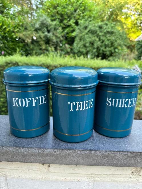 Vintage petrol emaille bussen blik koffie thee suiker retro, Verzamelen, Blikken, Gebruikt, Koffie, Overige merken, Ophalen of Verzenden