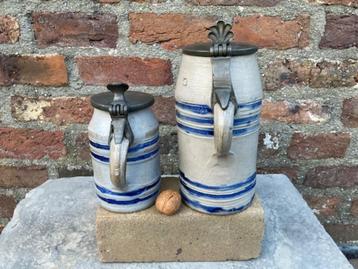 2 antieke steengoed bierpullen met tinnen deksel, Westerwald beschikbaar voor biedingen