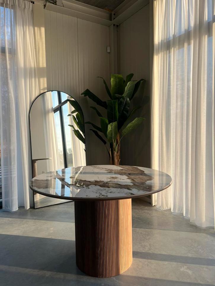 Eettafel Japandi Stijl Rond Wit/Bruin, Huis en Inrichting, Tafels | Eettafels, Nieuw, 100 tot 150 cm, 100 tot 150 cm, Vier personen