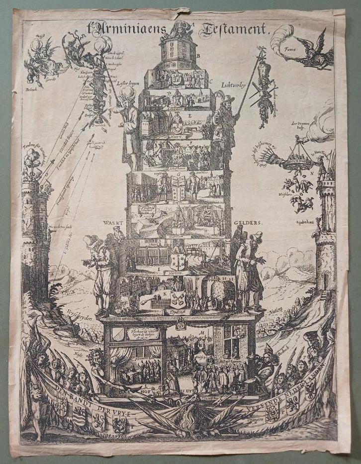 't Arminiaens Testament ets spotprent Visscher, Antiek en Kunst, Kunst | Etsen en Gravures, Verzenden