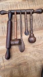 Vintage Houten Keukengerei Set met Rek, Antiek en Kunst, Ophalen of Verzenden