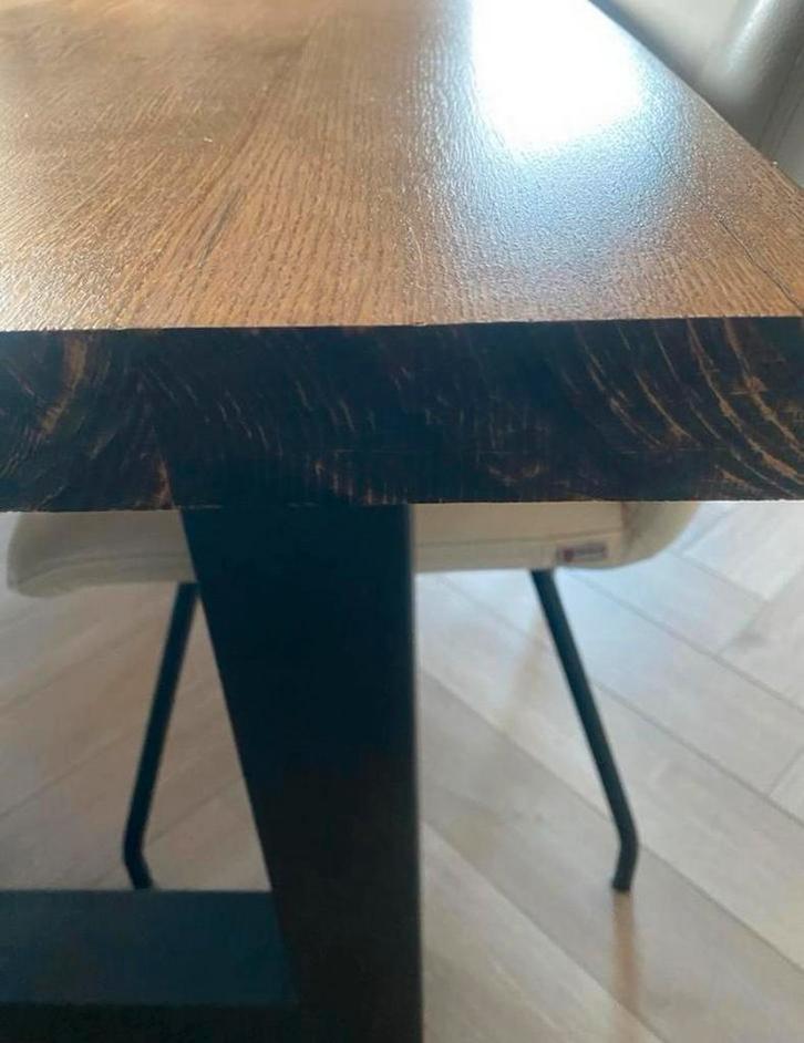 Eiken boomstam eettafel + 4 leren stoelen, Huis en Inrichting, Tafels | Eettafels, Gebruikt, 50 tot 100 cm, 150 tot 200 cm, Vier personen