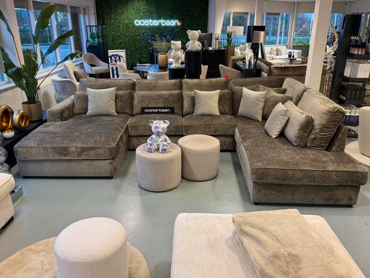 Luxe Velvet Teddy U-bank Pocket 200x370x250cm Taupe Khaki, Huis en Inrichting, Banken | Bankstellen, Nieuw, Hoekbank, Vierpersoons of meer