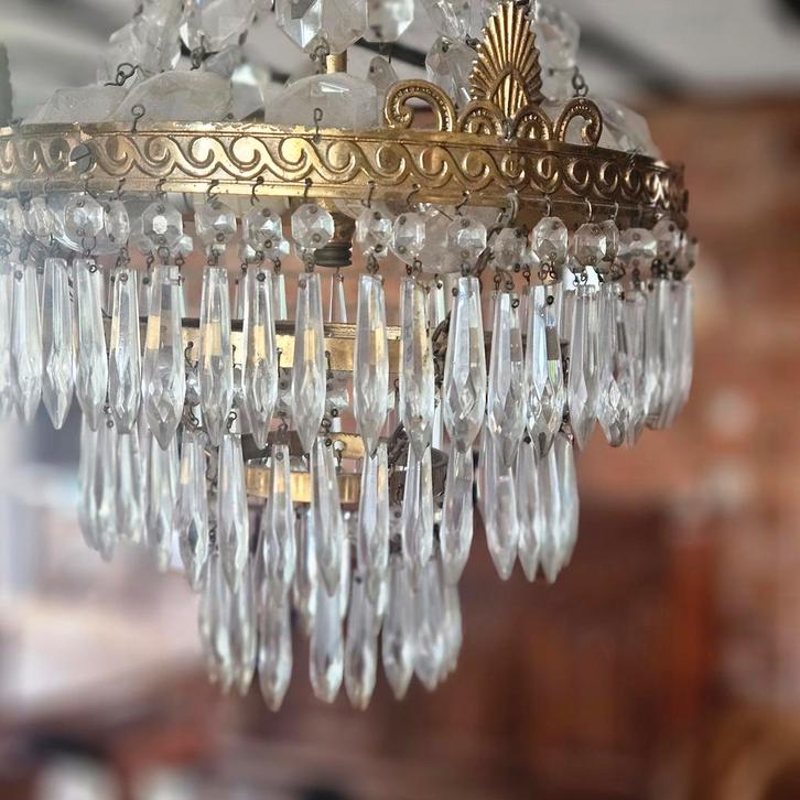 Antieke kroonluchter/hanglamp kristal, Huis en Inrichting, Lampen | Kroonluchters, Gebruikt, Glas, Metaal, Ophalen