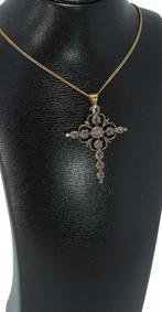 Antieke 14k gouden kruis ketting hanger diamanten zilver, Sieraden, Tassen en Uiterlijk, Antieke sieraden, Verzenden, Goud, Hanger