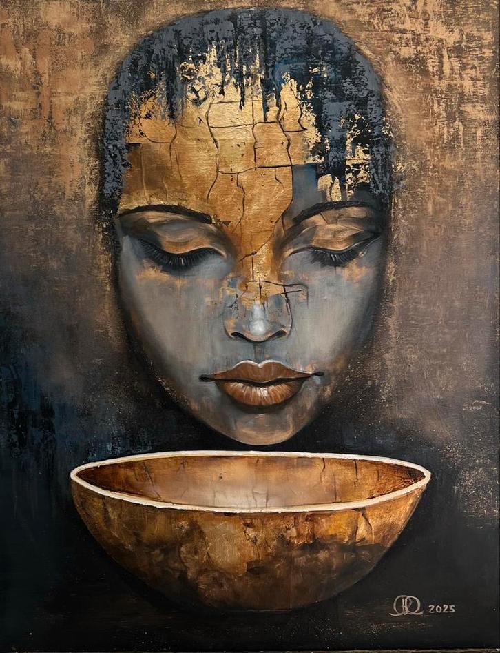 Gouden Gelaat - Olieverf op Linnen, Antiek en Kunst, Kunst | Schilderijen | Klassiek, Ophalen of Verzenden